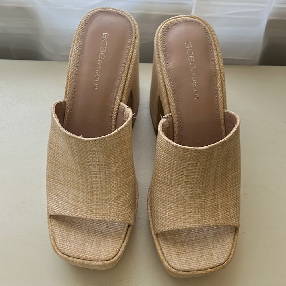 Beige Platform Heeled Mules - Picture 2 of 6